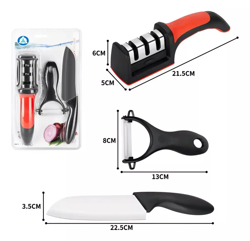 Set Cocina 3 En 1 Afilador, Cuchillo y Pelador