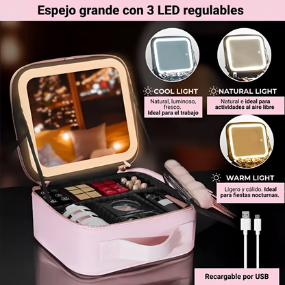 Maletin Organizador de Maquillaje con Espejo Luz Led