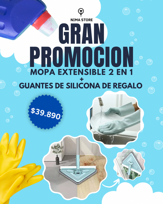 Mopa Extensible 2 En 1 Cabezal Giratorio 360° + Guantes y Palo de REGALO