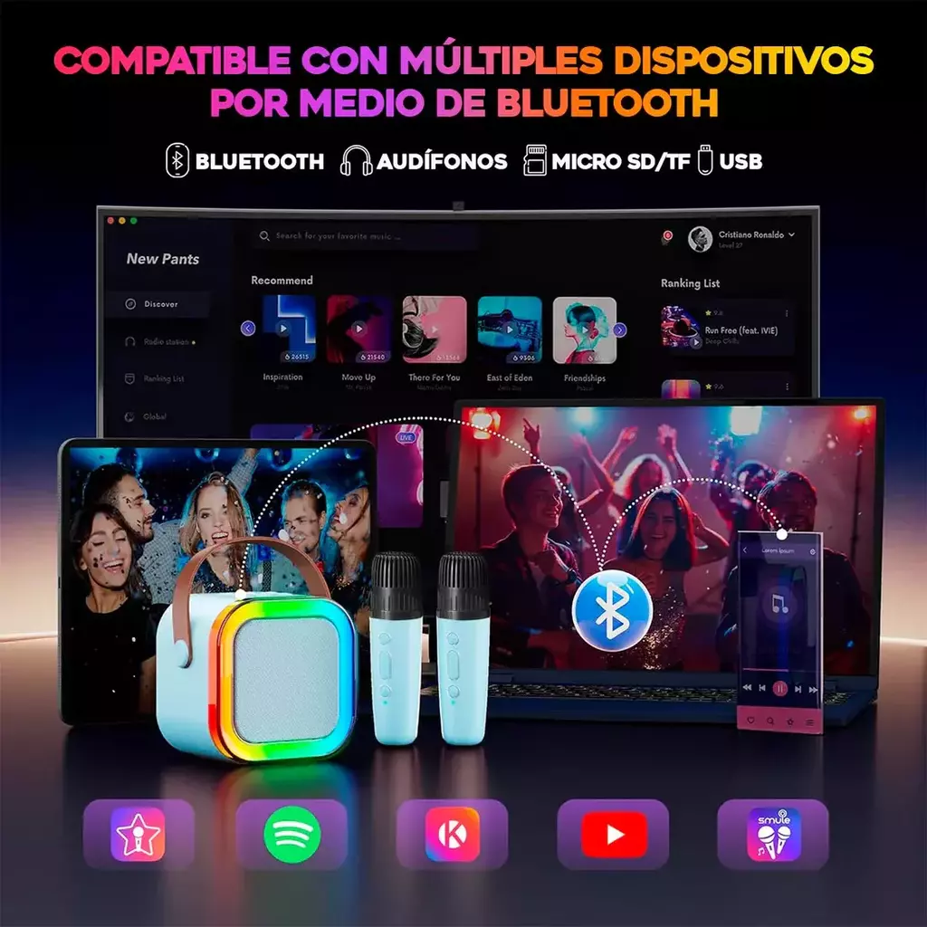Mini karaoke Con 2 Micrófonos Inalámbricos Bluetooth