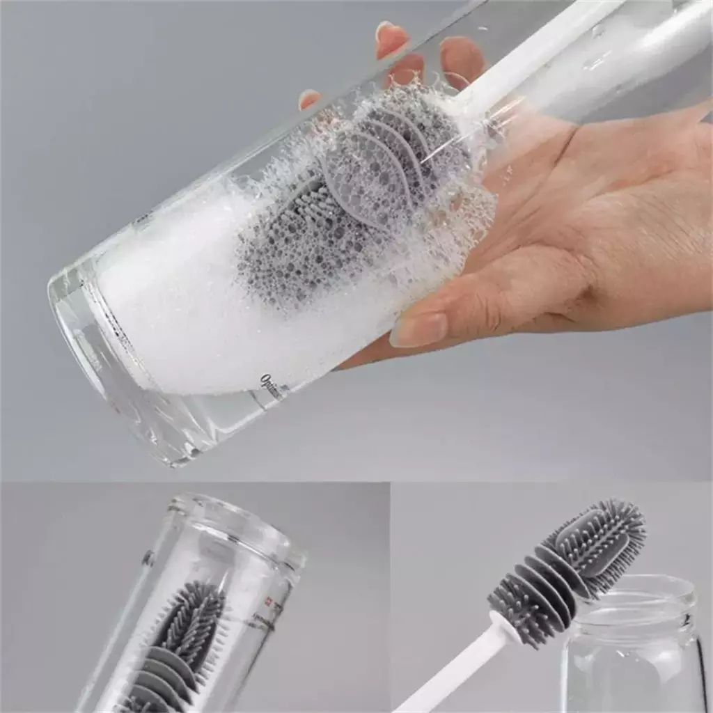 Cepillo limpia botellas de silicona mango largo