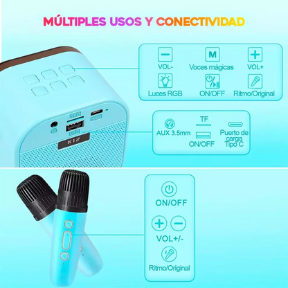 Mini karaoke Con 2 Micrófonos Inalámbricos Bluetooth