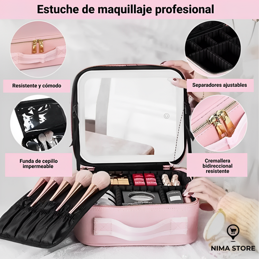 Maletin Organizador de Maquillaje con Espejo Luz Led